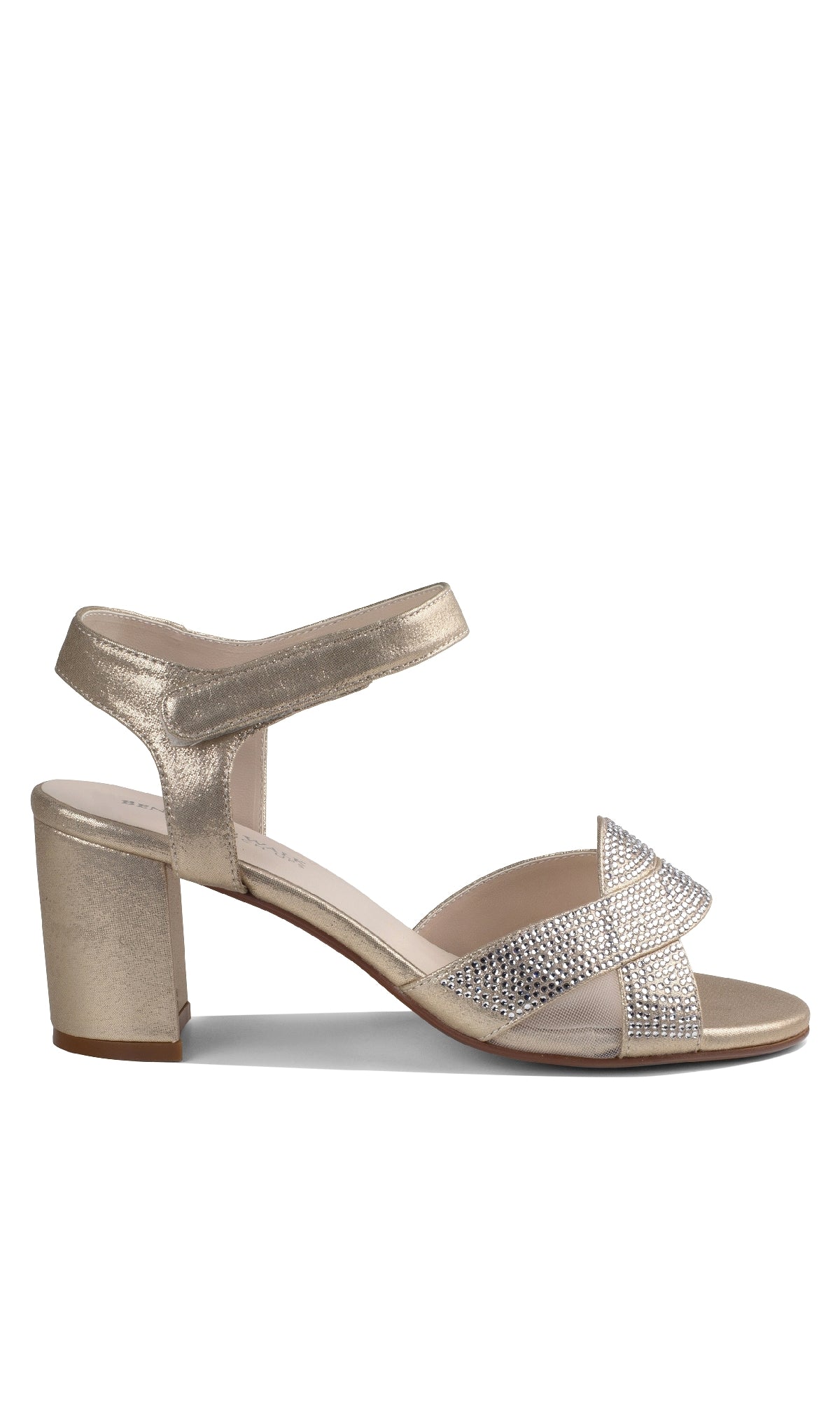 The Cam Champagne Prom Shoes: Touch Ups 4639 feature a block heel, velcro ankle strap, and two rhinestone-embellished crisscross front straps—ideal for adding shimmer to your next dazzling night out.